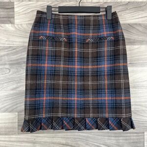 CAbi Skirt Women's Size 6 Brown Blue Heritage Plaid Wool Blend Lined Ruffled Hem